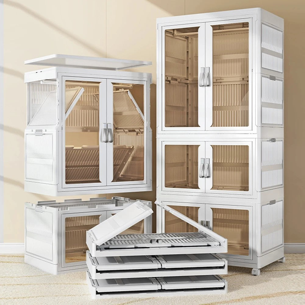 Modular plastic closet cabinet showing foldable and stackable design